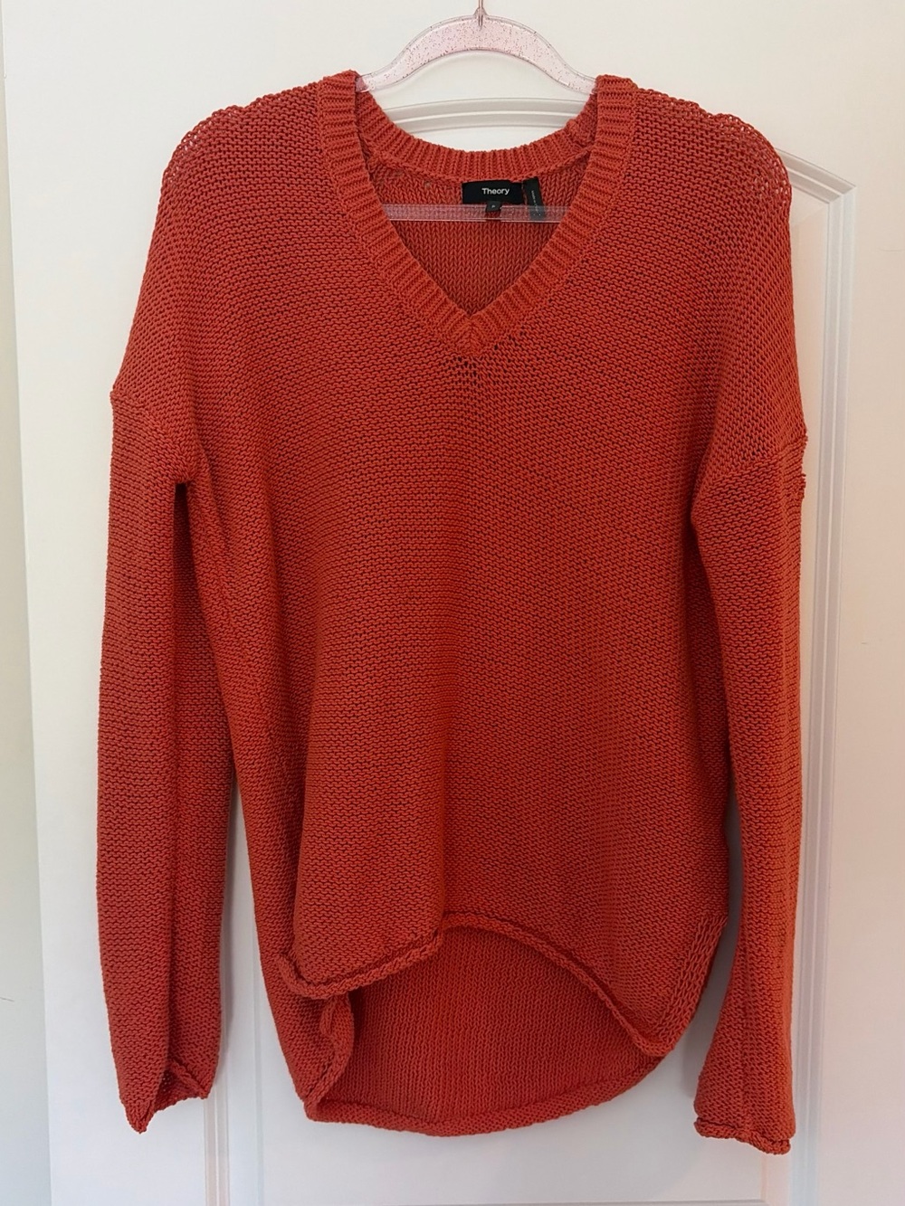 Theory Women's Summer Knit Rust-Orange V-Neck Sweater